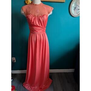 Vintage 70s Coral Evening Gown Crochet Lace Yoke Formal Maxi Dress